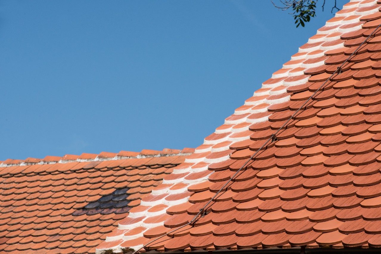 Mansion with Tondach Altstadtpaket Biber natural red, detail, ridgetile Landhaus, naturrot, Firstziegel
