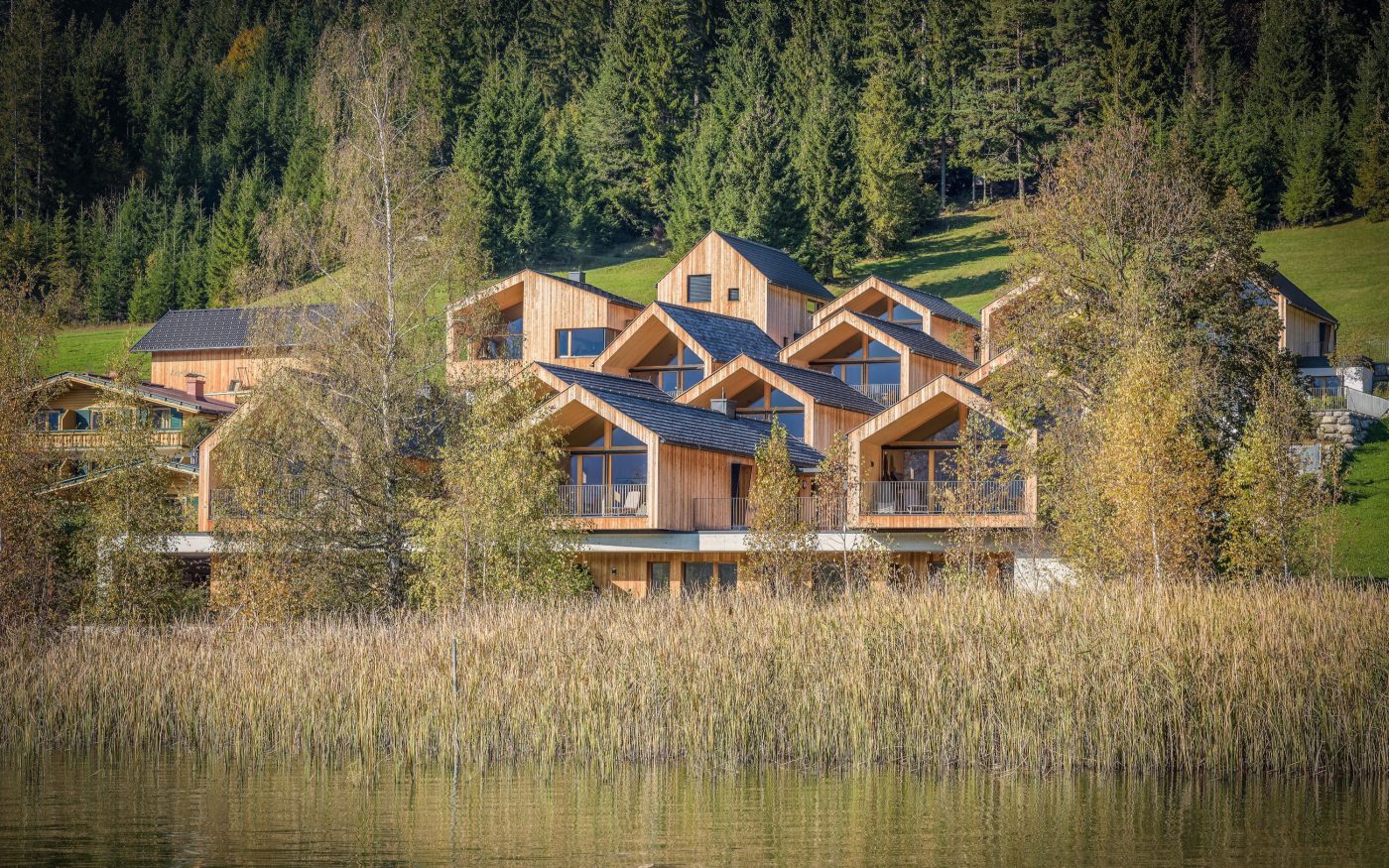 chalets with tondach roof tiles Figaro Deluxe in anthracite black and white-gray-antique; Tondach Referenz Chaletdorf Regitnig mit Figaro Deluxe in den Farben anthrazit schwarz und Weiß-Grau-Antik